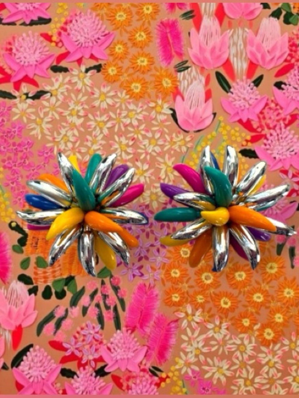 VTG Colorful French Flower Spike Statement Clip On Earrings